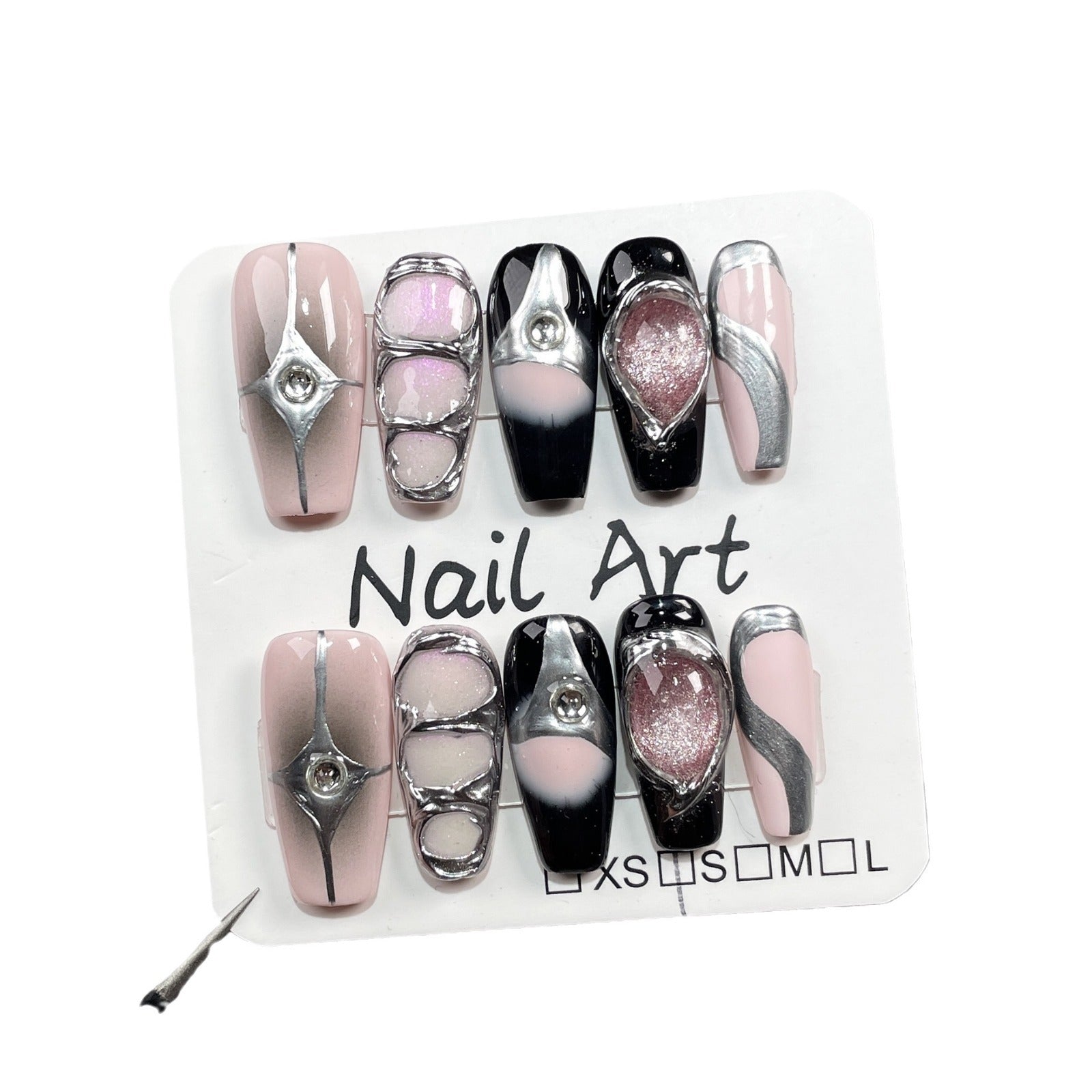 Uñas postizas hechas a mano, diseño de Spice Girl, estilo ojo de gato, diseño de uñas medianas y largas, con parches, para uso industrial, pintadas a mano, para llevar ｜365nails