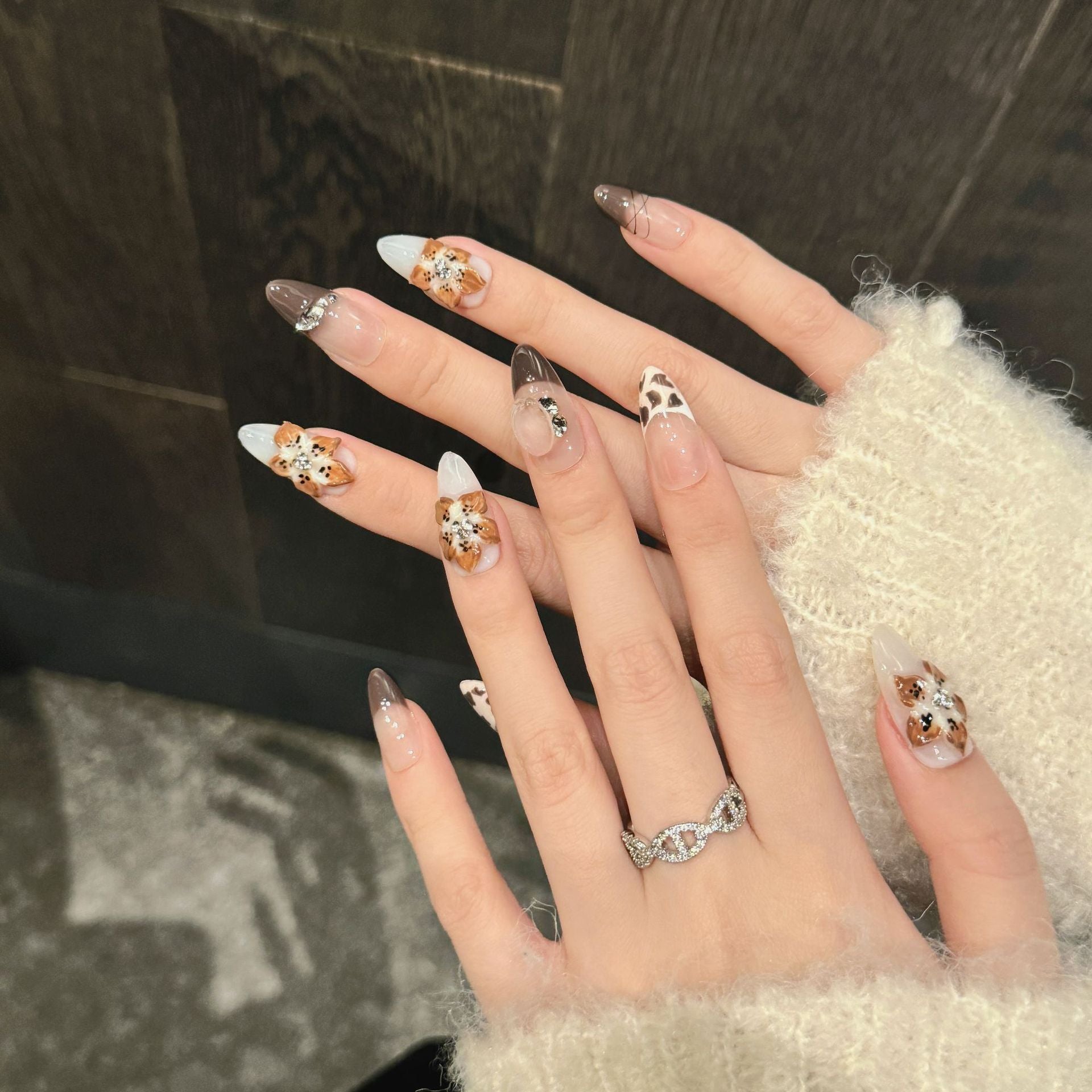 365nails: "Leopard Bloom" – 3D Floral & Gem Handmade Almond Nails