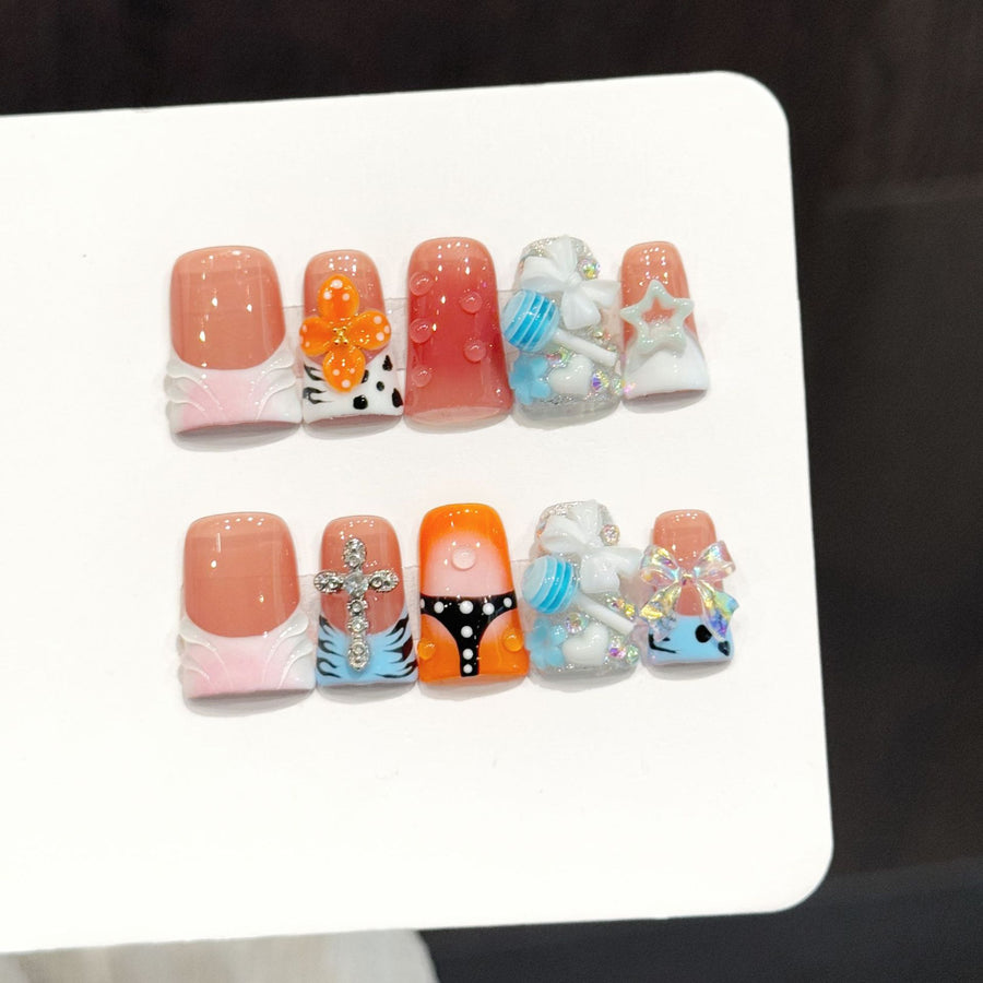 365nails: "Retro Pop" – 3D Y2K Collage Handmade Short Square Nails