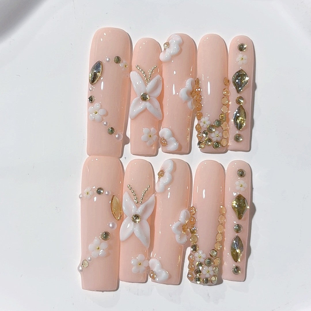 Peach Blossom Pearl Crystal Press On Nail Set