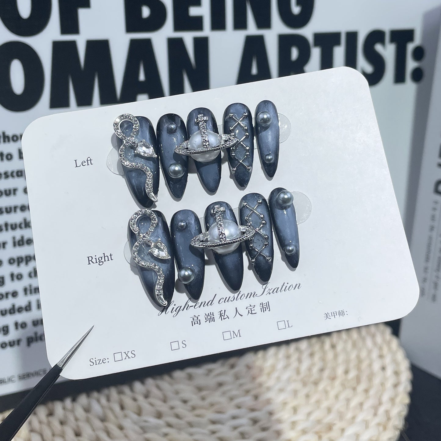 Adesivo de unha longo com estampa de cobra de metal e vento, totalmente feito à mão, Imperatriz Viúva Jiaxi｜365nails