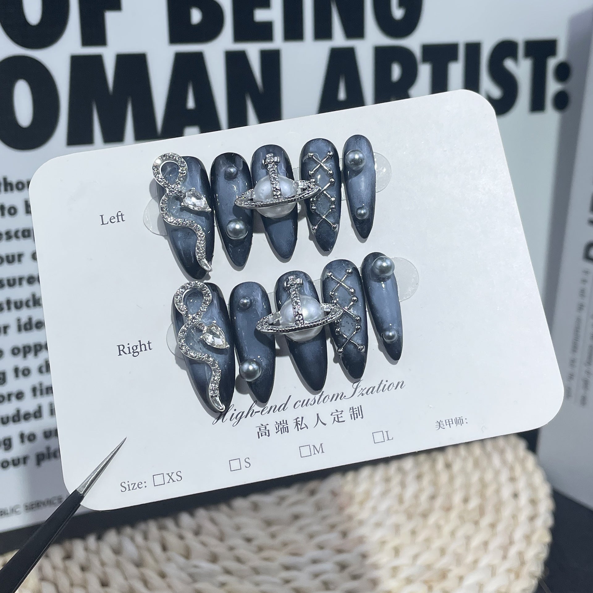 Midnight Blue Galaxy Nails with Serpent Orbit Metal Accents