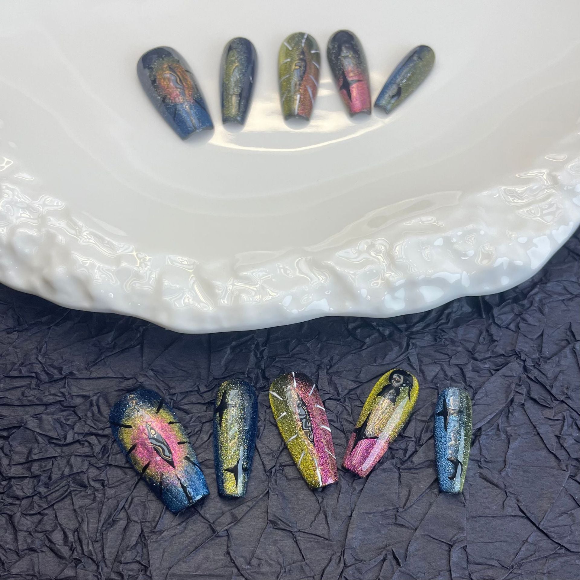 Uñas postizas de ojo de gato hechas a mano con diseño de luna y diablo de culto a la civeta, uñas postizas reutilizables Niche Sweet Cool Wind | 365nails