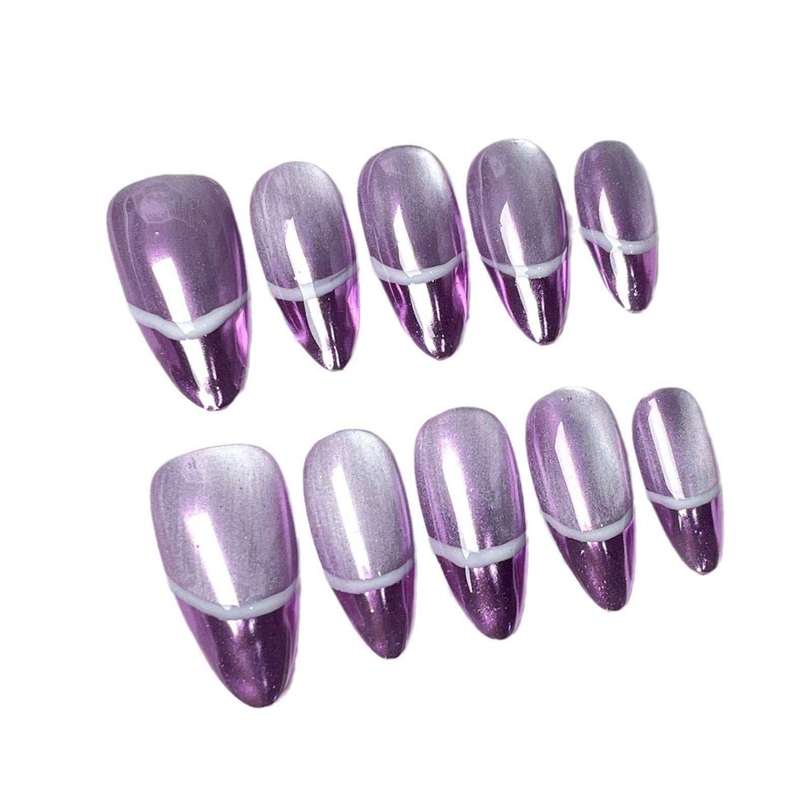 Unhas postiças artesanais estilo olho de gato francês Aurora Nail Burst Almond Nail Patch｜365nails