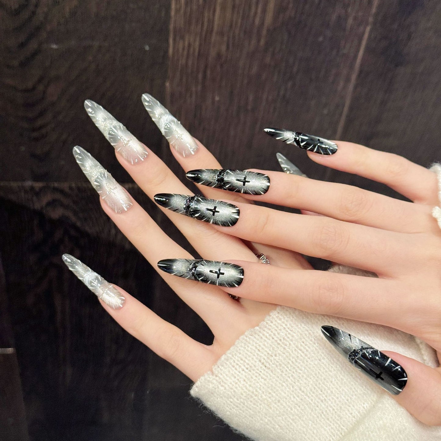 Silver Black Gothic Cross Flame Nails