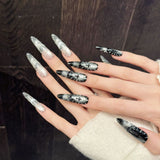 Silver Black Gothic Cross Flame Nails