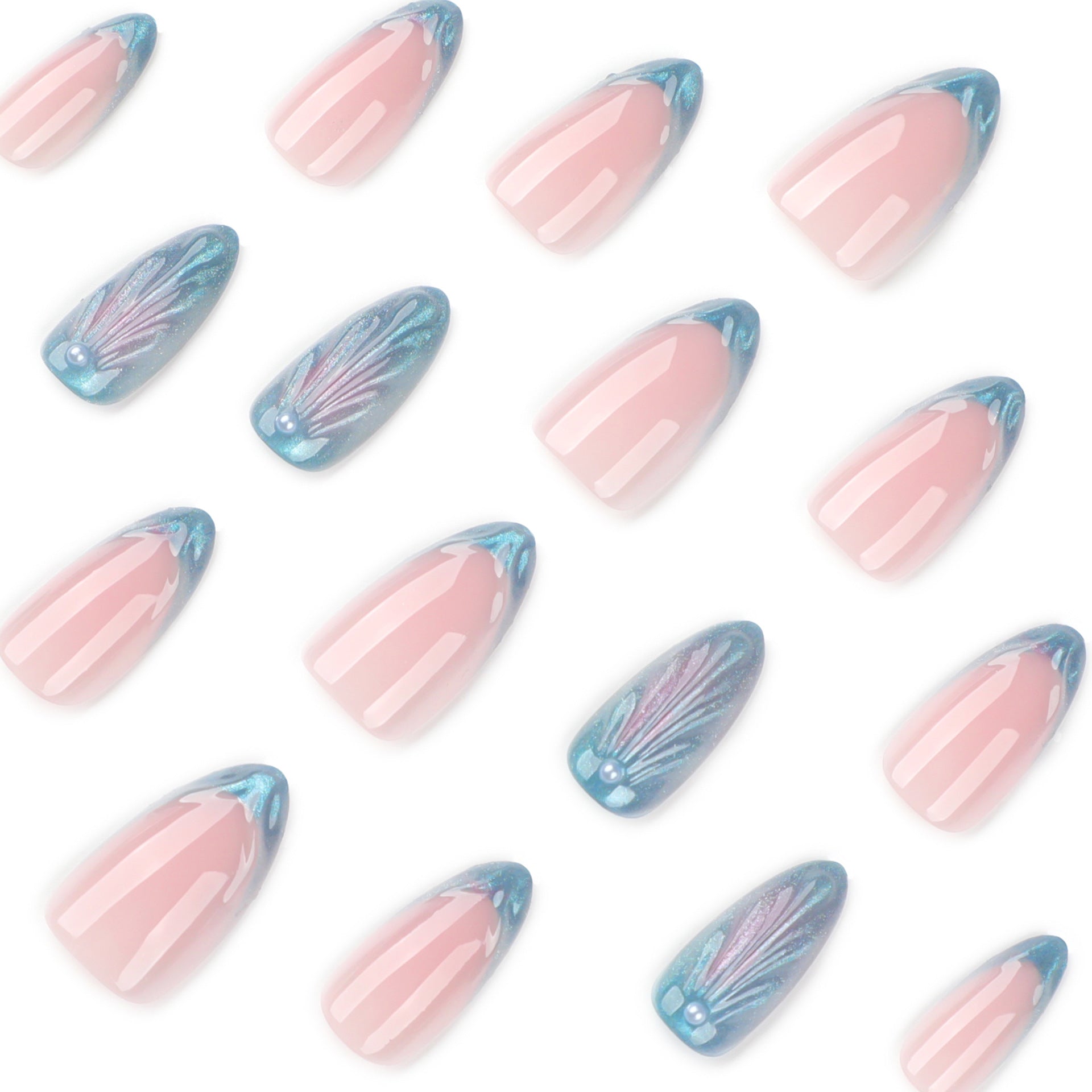 3D Water Drop Blue Cat's Eye French Short Almond press-on nails
