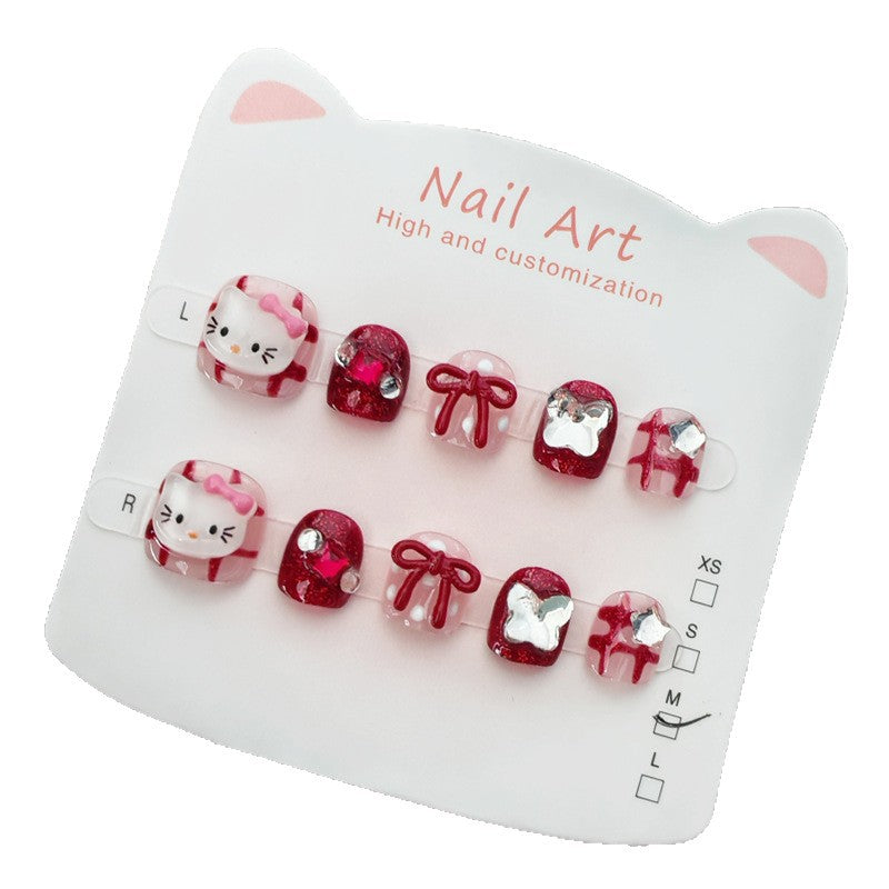 365nails: "ruby plaid hello kitty" – short round handmade kids press-on nails