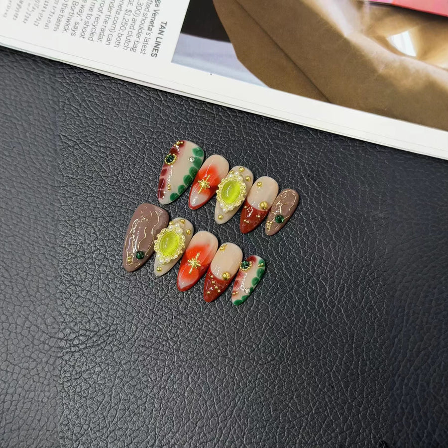 365nails: "Jeweled Watermelon" – 3D Fruit & Crystal Handmade Almond Nails