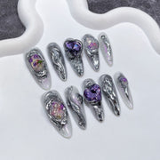 Meteorite-Inspired Metallic Nails with Amethyst Crystal Cores