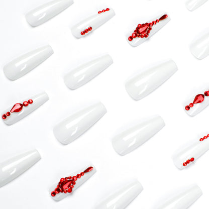 Long Ballet White Red Stacked Diamond Nail Pieces Finished Nail Pieces Wholesale Nail Patches s｜365nails