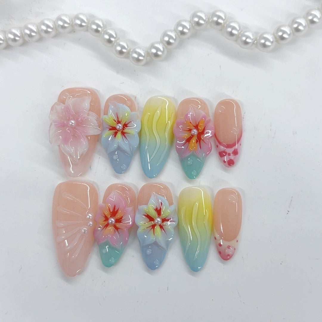 Tropical Bloom: "Gradient Floral" – Almond Press-On Nails