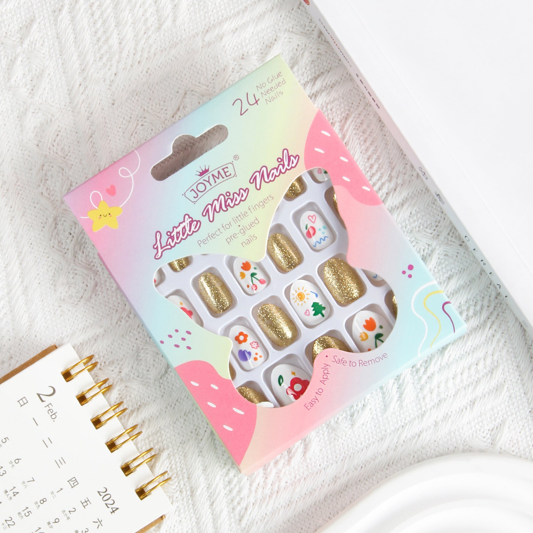 Kids press-on nails Pointed almond nail stickers Cartoon golden flowers 24 pieces Detected