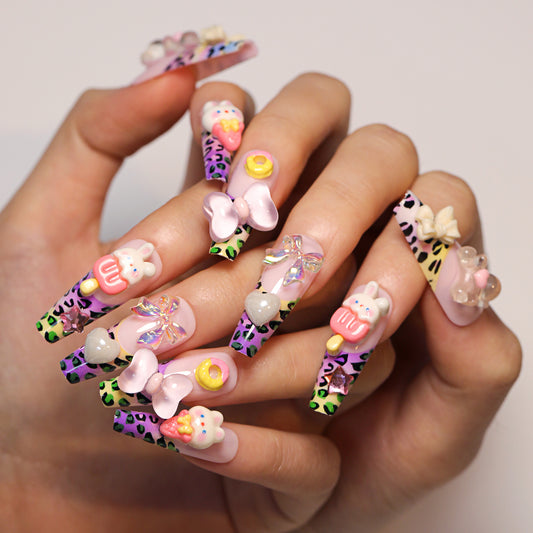 Manicure com estampa de leopardo francesa, laço tridimensional fofo e doce, vestindo armadura, lindo pedaço de unha de coelho, produto acabado no atacado ｜ 365nails