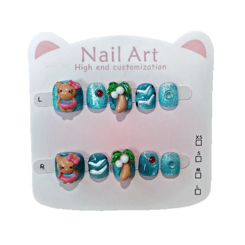 365nails：「夏威夷假期小貓」—短款寬版手工製兒童穿戴甲