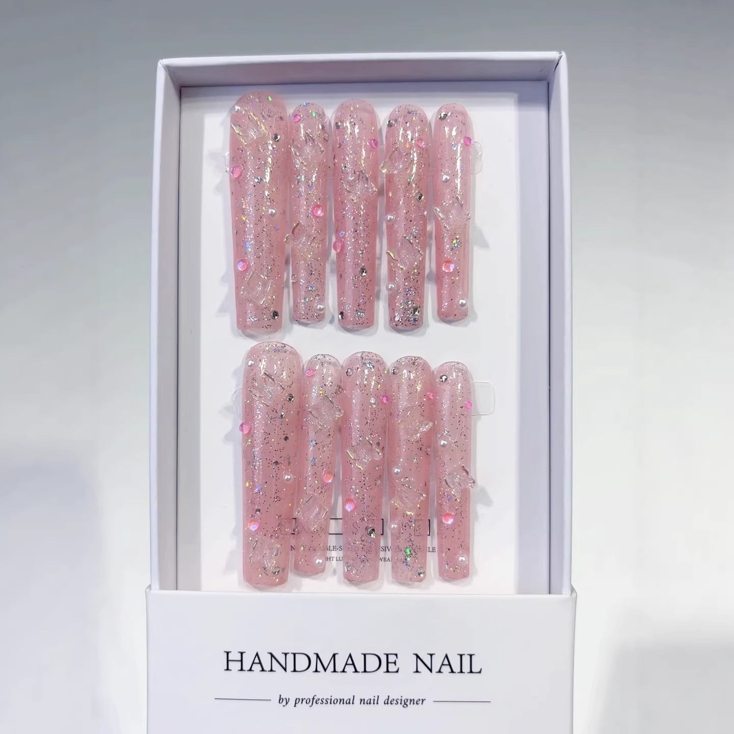 365nails: "Pink Butterfly Glitter" – Extra Long Square Glittery Pink Butterfly Handmade Press-On Nails