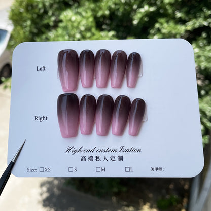 Unhas postiças artesanais puras com pó preto simples, mudança gradual, adesivo para unhas médias e longas, atacado｜365nails