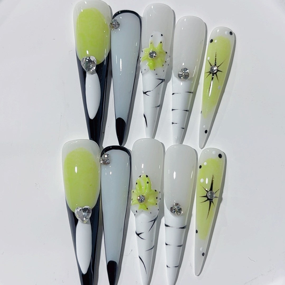 Abstract Lime Accent Extra Long Press On Nails