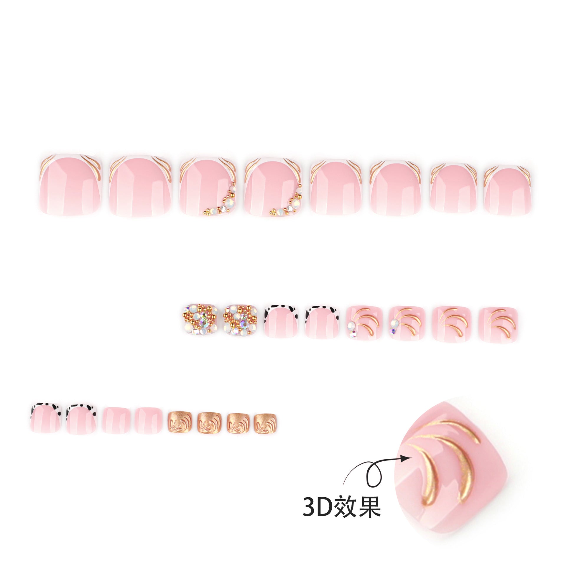 French-style toenail tips, fully embellished with sparkling rhinestones and pearls, for a dazzling, short-toe manicure