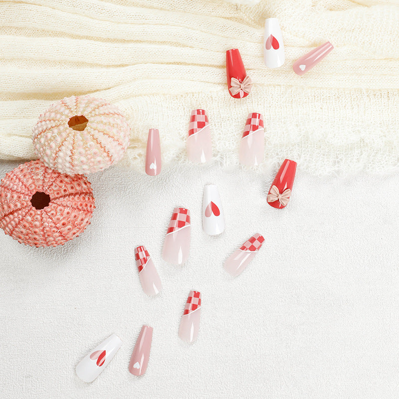 冰透葡萄柚紅格紋穿戴甲｜亮白款｜批發｜365nails