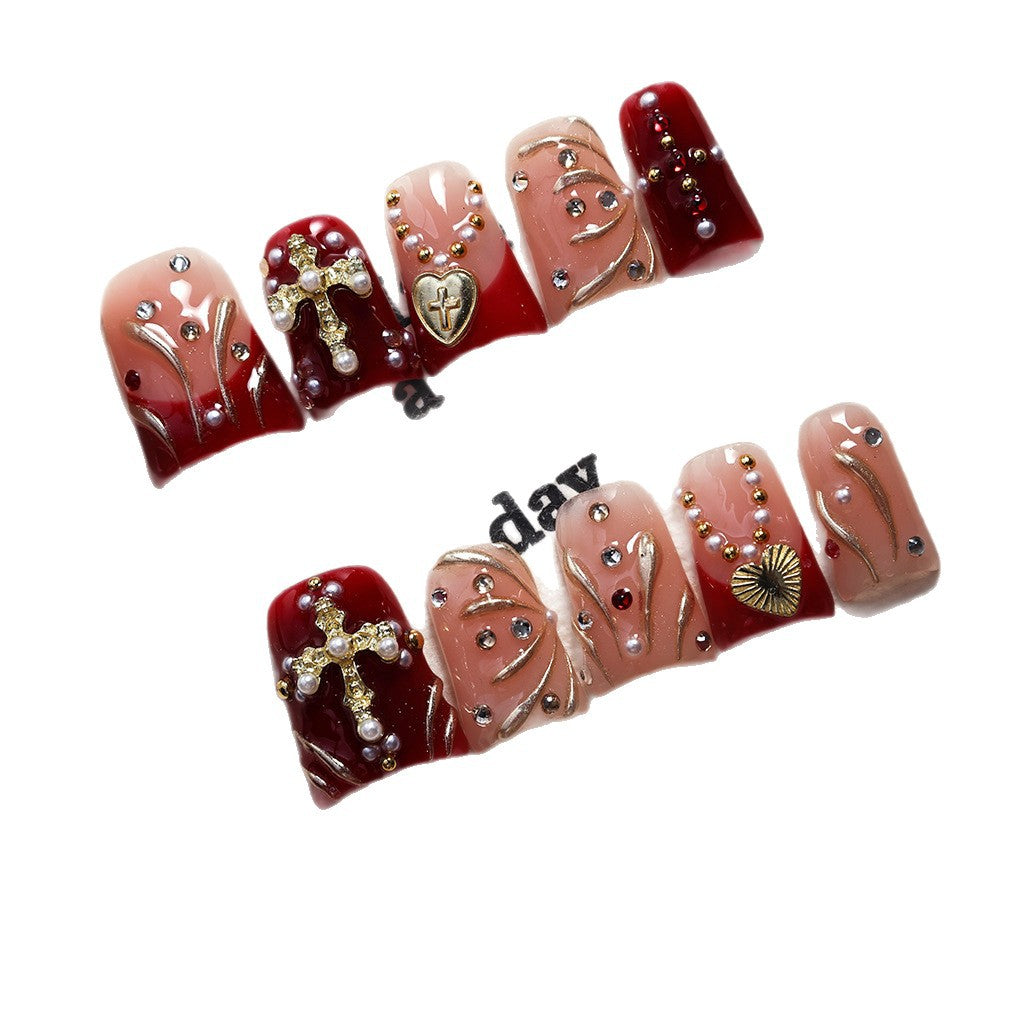 Red Nude Cross Heart Baroque Press On Nails