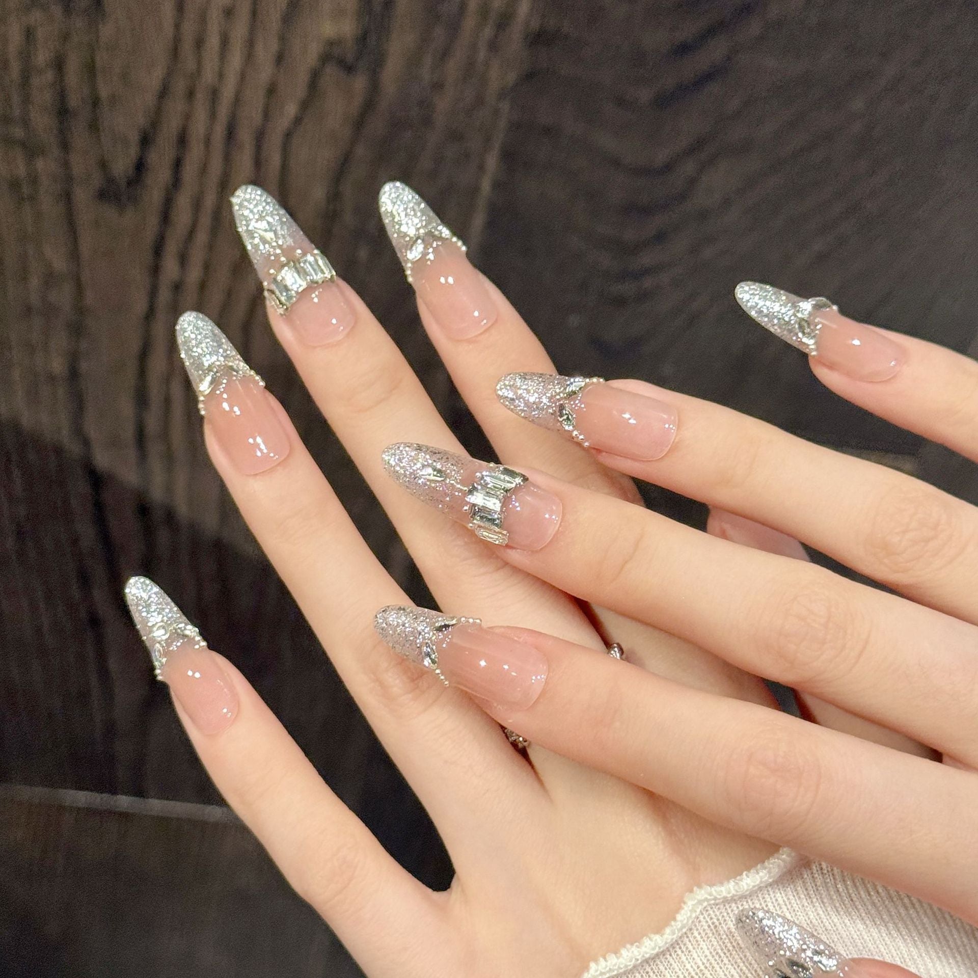 Silver Glitter Gradient Rhinestone Luxury Press On Nails