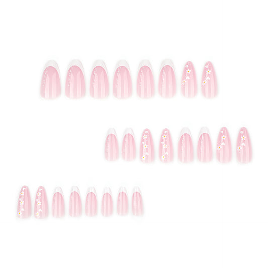 Simple and fresh flower nail art film Short almond nail fake nail French white short press-on nails film｜365nails