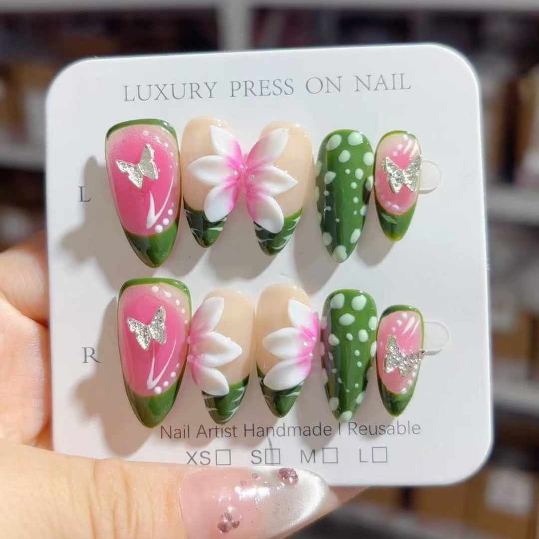 365nails-Tropical Bloom: "雞蛋花飄舞" – 杏仁形手工製3D立體雕刻穿戴甲