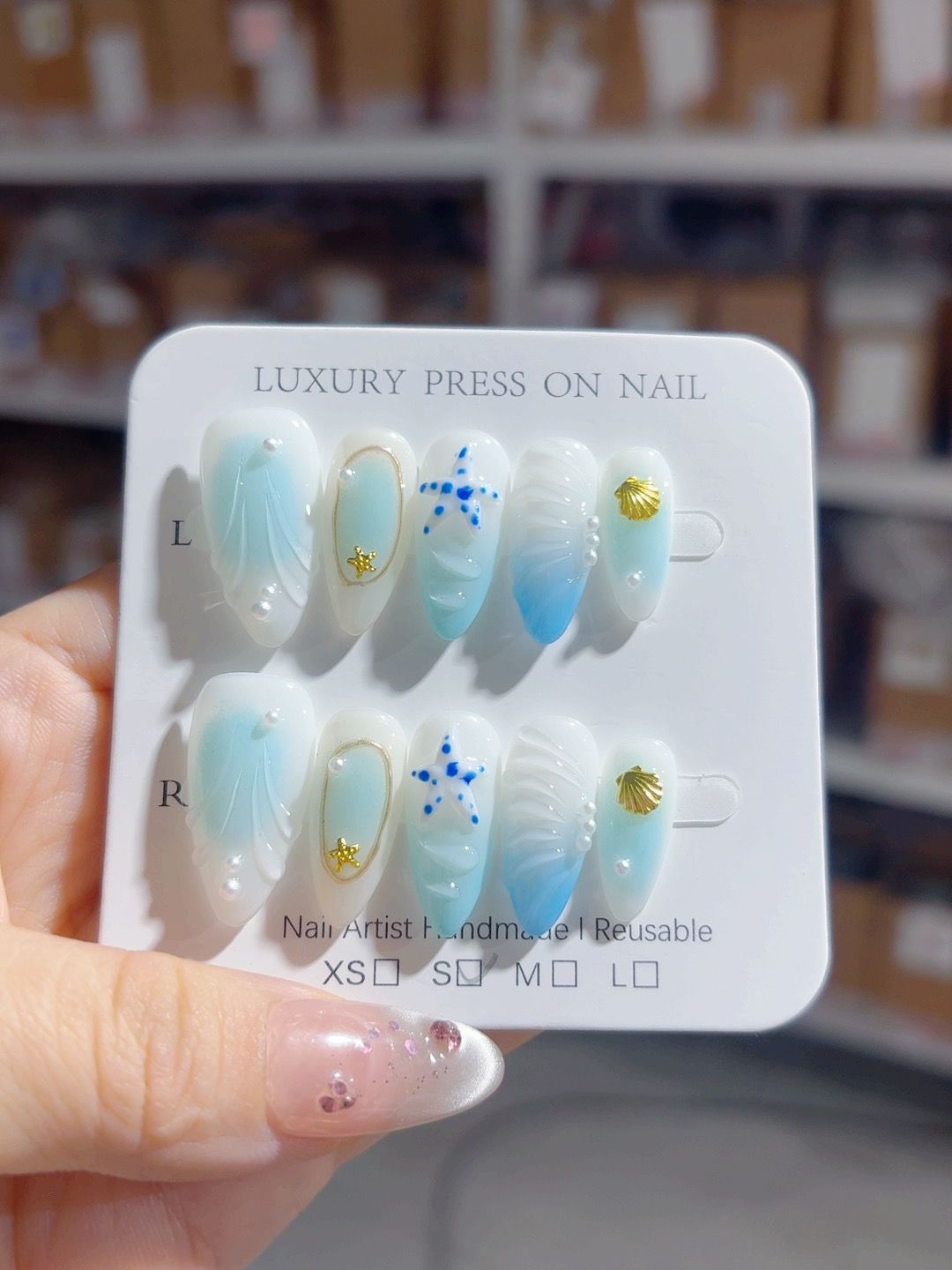 365nails-海洋低語：「貝殼小夜曲」— 杏仁形 手工製 3D 雕刻 穿戴甲