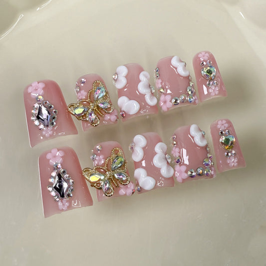Duckbill Shape nail, sweet, small and fresh three-dimensional carving, sparkling butterfly, advanced sense, Handmade press on nails wholesale｜365nails