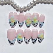 365nails-Zebra Blossom: "Zebra Floral Gradiente" – Unhas Postiças Artesanais Médias Amendoada
