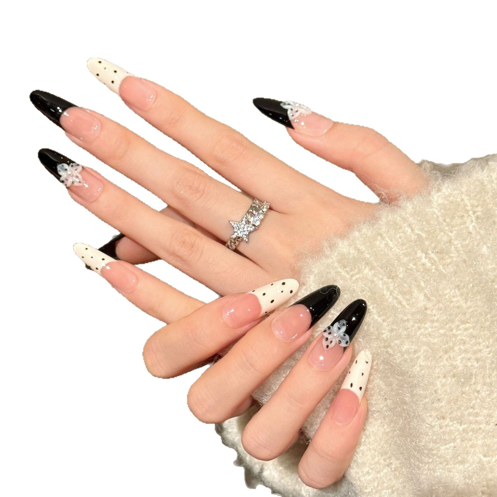 365nails: "Midnight Bloom" – 3D Floral French Tip Handmade Medium Almond Nails