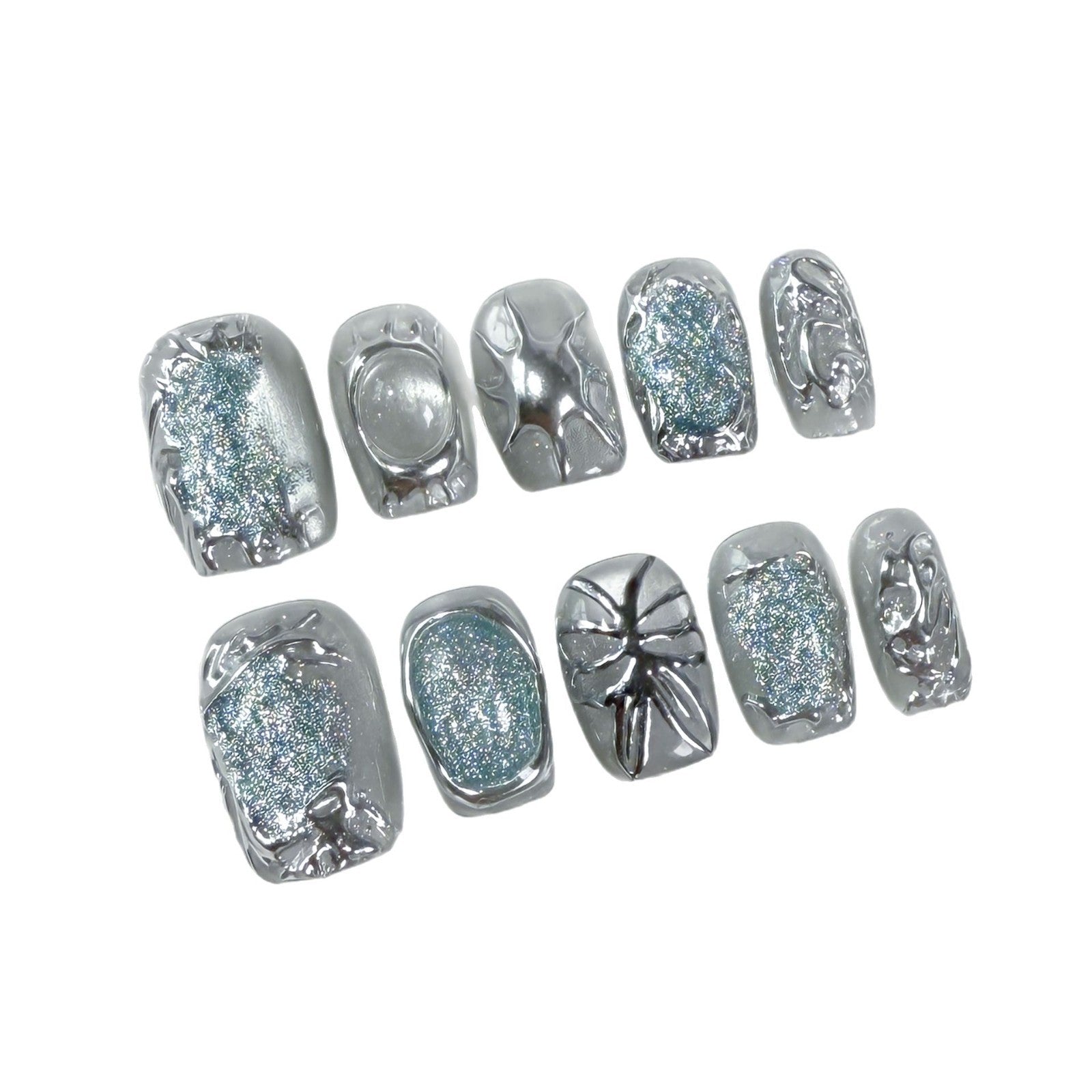 Uñas postizas hechas a mano, forma irregular de metal, mariposa pintada a mano, manicura corta estilo ojo de gato, uñas postizas para usar | 365nails
