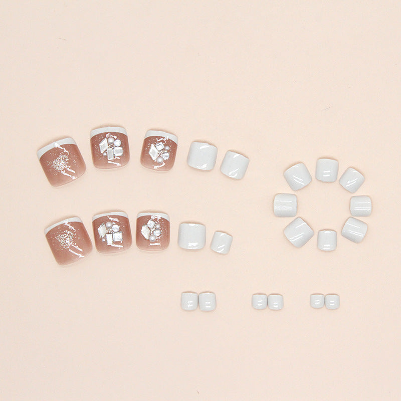 爆裂水鑽亮粉白色法式腳趾穿戴甲 奶白單色甲片｜365nails