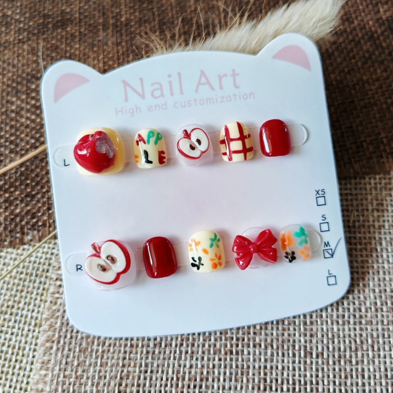 365nails：「歡樂紅蘋果」– 短款 圓形 手工製 兒童 穿戴甲