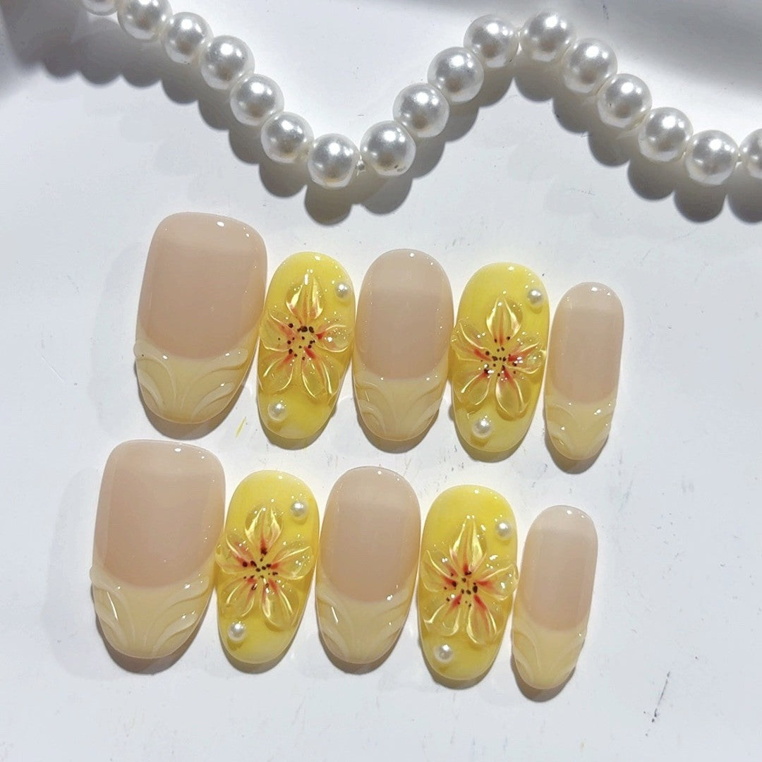 365nails-檸檬綻放：「黃色花卉」 – 方形 手工製 3D 雕刻 穿戴甲