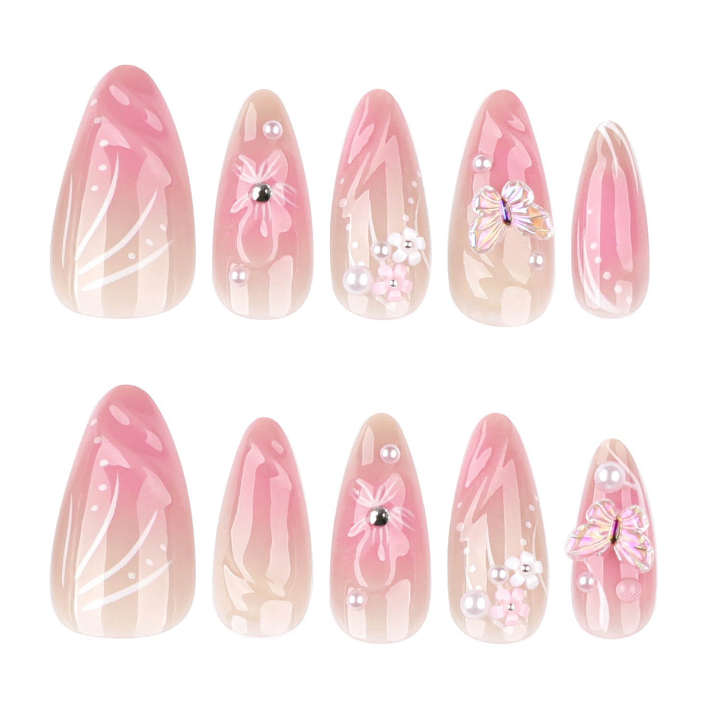 hot-selling almond nail short wearable nail piece blush fake nail 3D three-dimensional flower nail piece｜365nails