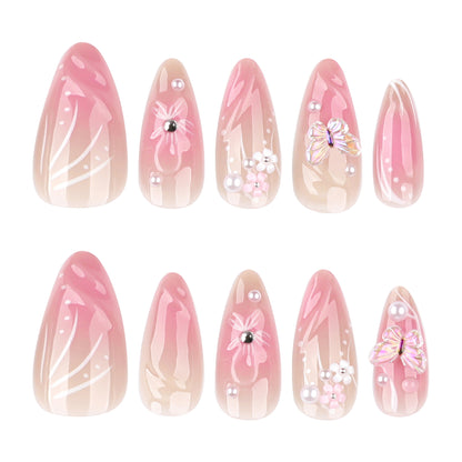 hot-selling almond nail short wearable nail piece blush fake nail 3D three-dimensional flower nail piece｜365nails
