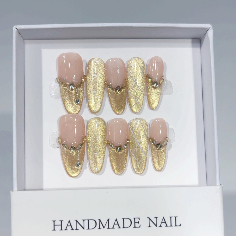 Golden Glam: "Nude Gold Chain" – Almond Shape Handmade Press-On Nails