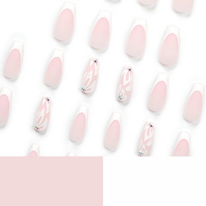 Unhas francesas brancas médias e longas com glitter prateado, aplique de flor, unhas nude com ponta de diamante, produto acabado no atacado ｜365nails