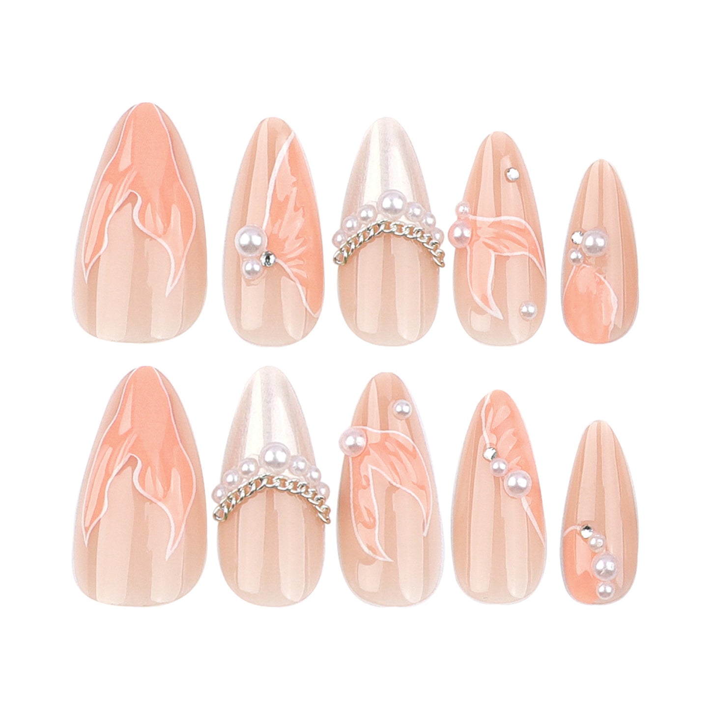 hot-selling fishtail wearable manicure short 3D fake nail pearl flash diamond wearable nail piece finished product wholesale｜365nails