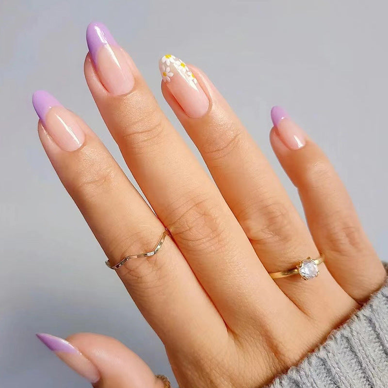 法式花卉輕紫白穿戴甲片｜365nails