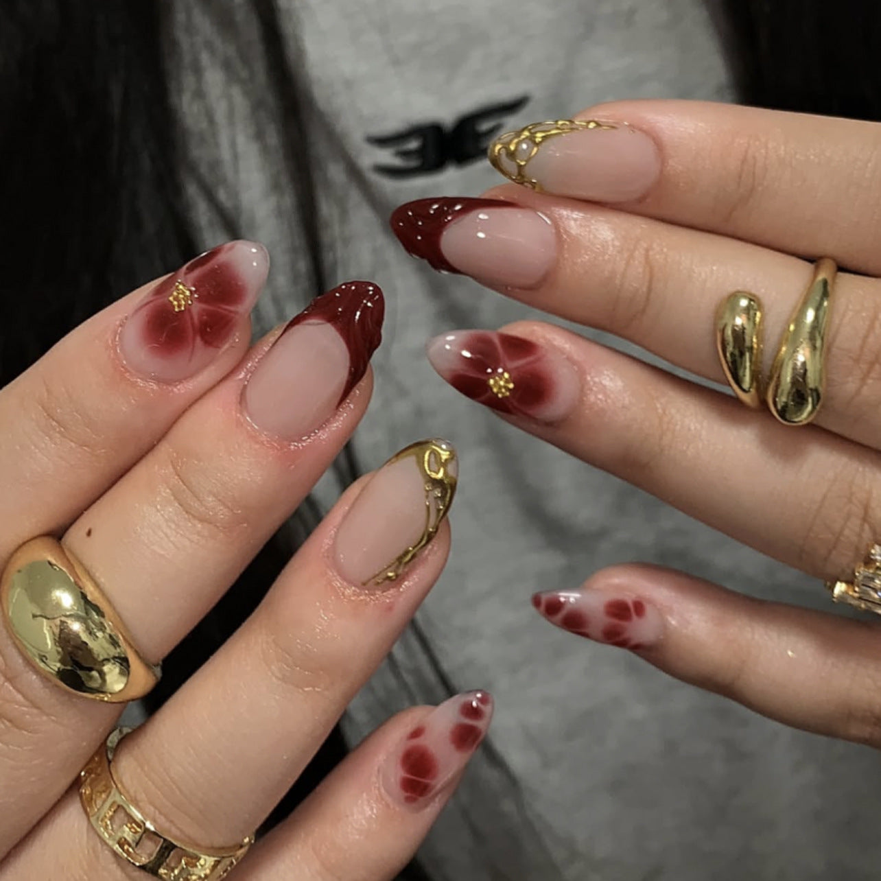 歐美跨境法式咖啡色 3D 花瓣穿戴甲 短款 杏仁形 甲片 批發