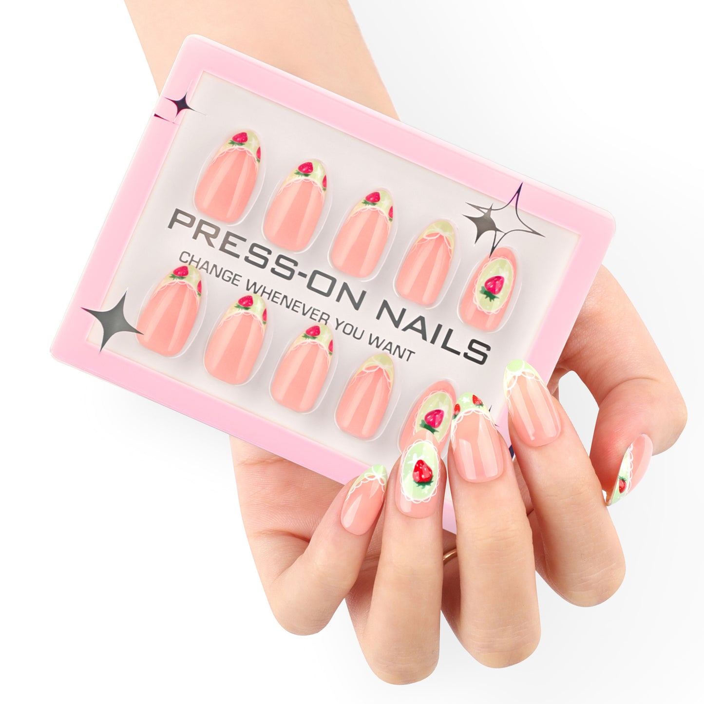 Premium 30 Pieces Boxed French Short Almonds Fresh Strawberries press-on nails