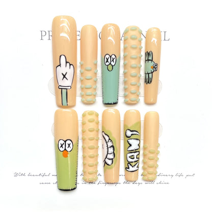 Extra long funny cartoon cute handmade nails personalized  hand-painted fake nails removable nail | 365nails