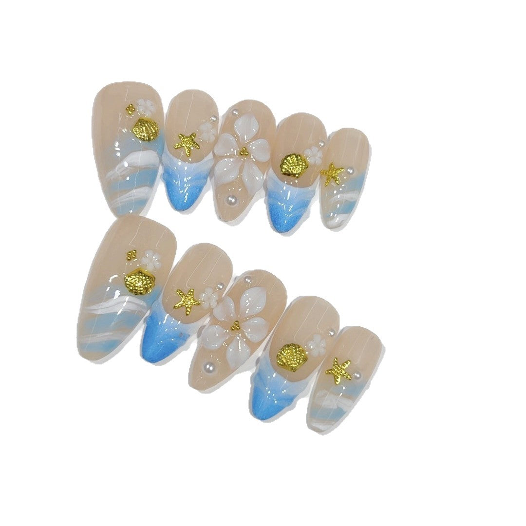 Coastal Breeze: "Seashell Bloom" – Medium Almond Handmade Press On Nails