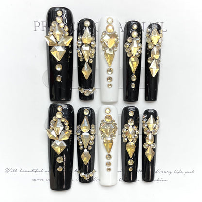 Handmade Phototherapy Wearing White Pure Black Queen Scepter Lady Sense handmade press on nails Art Black Temperament | 365nails