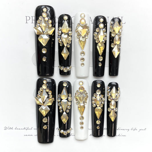 Handmade Phototherapy Wearing White Pure Black Queen Scepter Lady Sense handmade press on nails Art Black Temperament | 365nails
