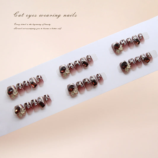 Nail Tips  prefabricated nail burgundy pigeon egg burst diamond metal bow cat eye leopard print French diamond ｜365nails