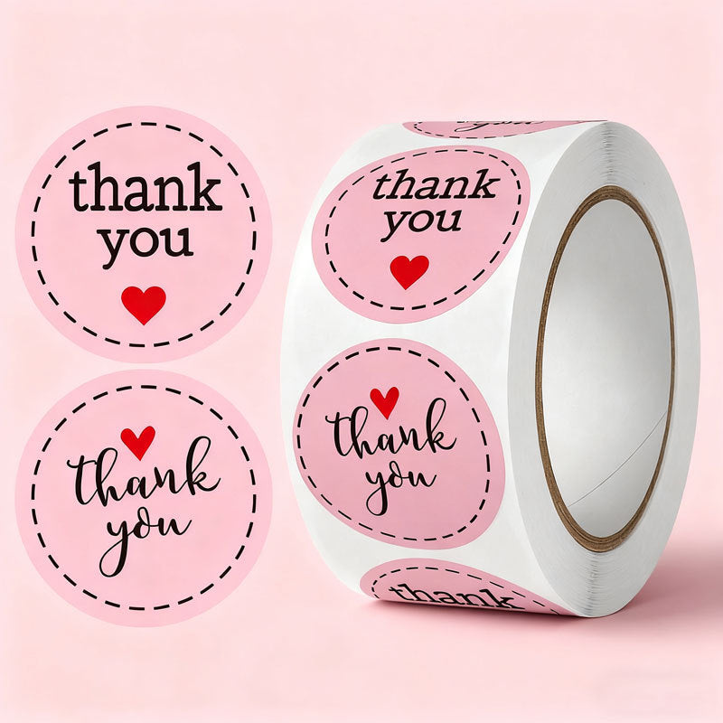 Pink "Thank You" Heart Sticker Roll | Cute Packaging Seals for Small Business